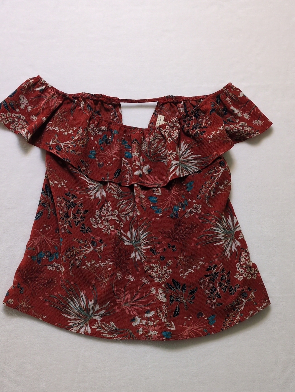 Lily White Boho Floral Off Shoulder Ruffle Top Medium Rust Red Strappy Back
